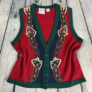 TanJay Floral Paisley Embroidery Knit Sweater Button Down Vest Size Petite Small